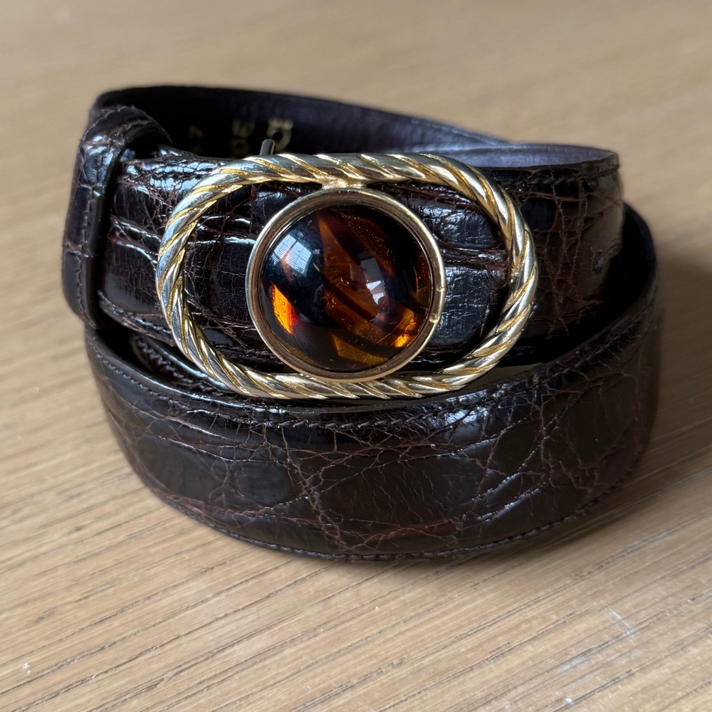 GUCCI VTG Crocodile Embossed Amber Jewel Brown Leather Belt Size Large - Picture 3 of 15